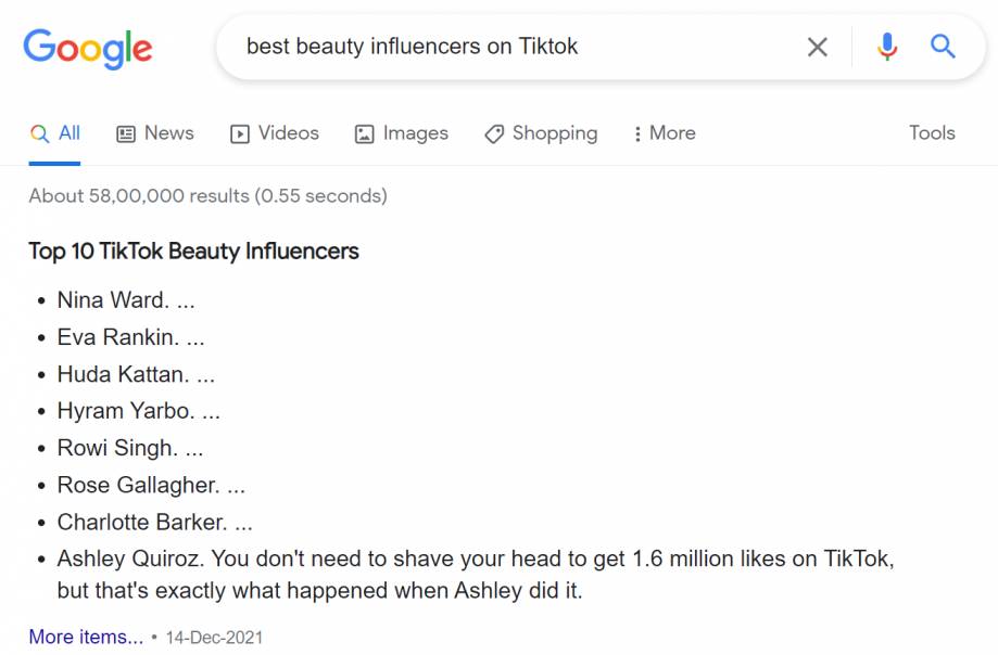 Search for TikTok Influencers on Google